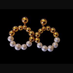 J.crew Gold Tone Faux Pearl Hoop Dangle Stud Earrings W/ Dust Bag 1.75"